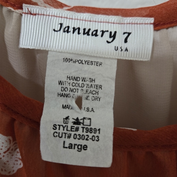 January 7 Sheer Boho Top Orange Beige & White Florals Batwing Sleeves Size Large - Picture 5 of 6